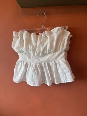 Vici White Eyelet Strapless Peplum Top
